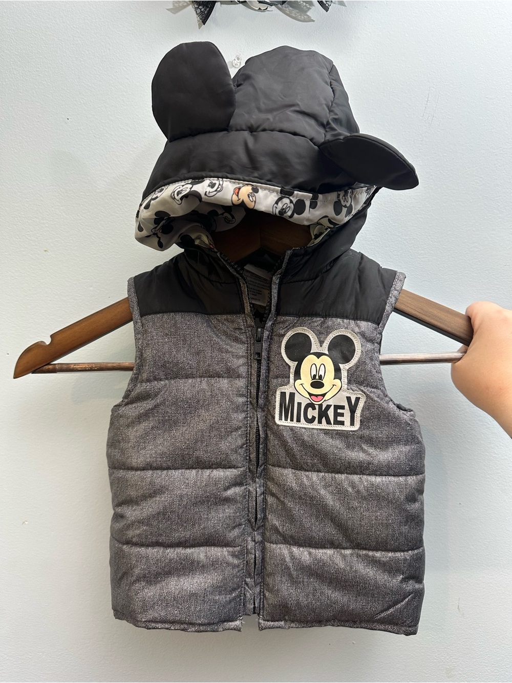 Disney Kids Mickey Mouse Grey Puffer Vest Mouse Ears Hood 12-18 Months